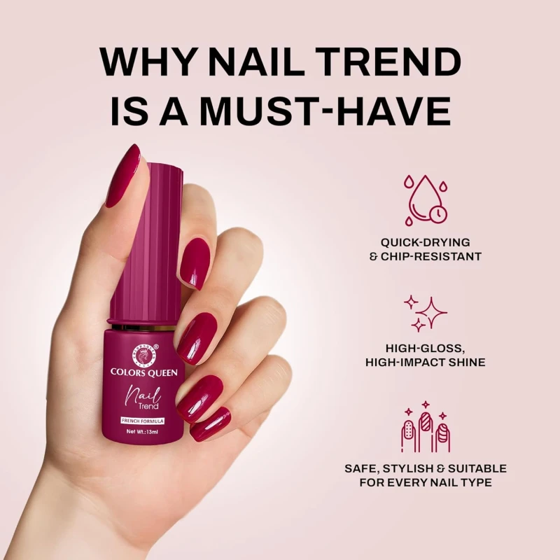 Colors Queen Nail Trend Glossy Nail Polish | Chip Resisting & Quick Drying Nail Paint with High Shine | 7 Toxin Free Formula | Vegan & Cruelty Free | Long Lasting & Vibrant Nail Paint for Women (Amaranh Red, 13ml) thumbnail 4